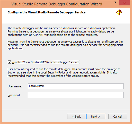 Visual Studio Remote Debugger Configuration Wizard Page 2